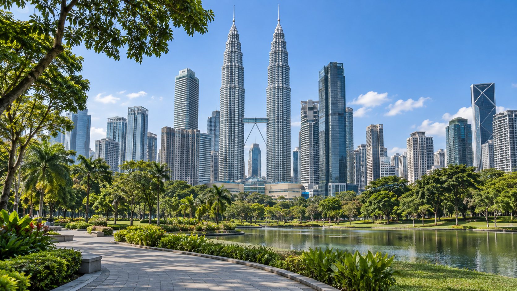 Illustrative Kuala Lumpur skyline with the Petronas Twin Towers beyond a landscaped park.